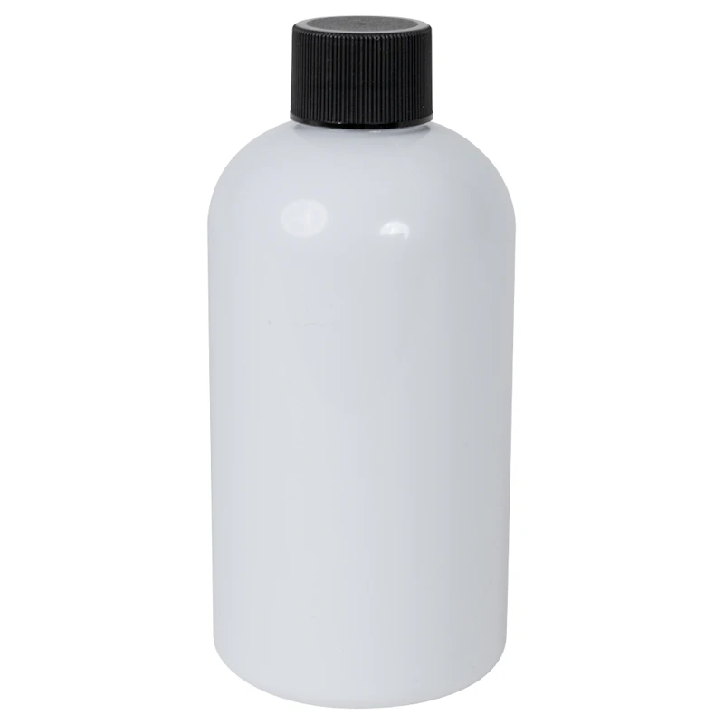 8 oz. White PET Squat Boston Round Bottle with 24/410 Black Ribbed Cap with F217 Liner