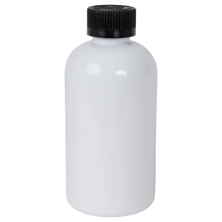 8 oz. White PET Squat Boston Round Bottle with 24/410 Black Ribbed CRC Cap with F217 Liner
