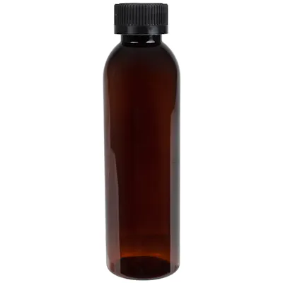 6 oz. Light Amber PET Cosmo Round Bottle with 24/400 Black Ribbed CRC Cap with F217 Liner