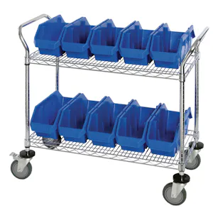2-Shelf Quick Pick Bin Mobile Cart with 10 Blue Small Bins
