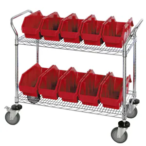 2-Shelf Quick Pick Bin Mobile Cart with 10 Red Small Bins
