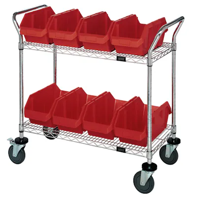 2-Shelf Quick Pick Bin Mobile Cart with 8 Red Medium Bins
