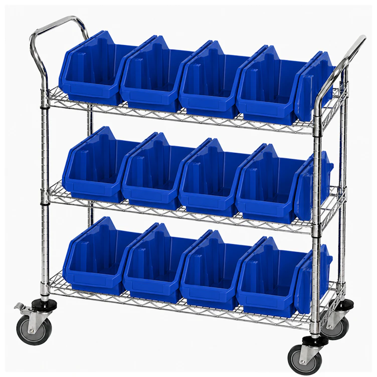 3-Shelf Quick Pick Bin Mobile Cart with 12 Blue Medium Bins