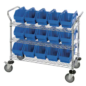 3-Shelf Quick Pick Bin Mobile Cart with 15 Blue Large Bins