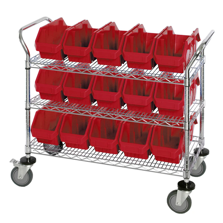 3-Shelf Quick Pick Bin Mobile Cart with 15 Red Large Bins