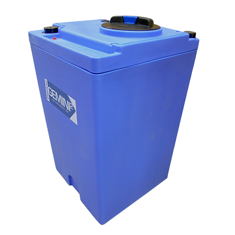 70 Gallon Blue LLDPE Square Gemini² Dual Containment® Tank (1.9 Specific Gravity) with 8" Twist Lid & Smooth Bottom - 24" L x 24" W x 41-1/16" Hgt.