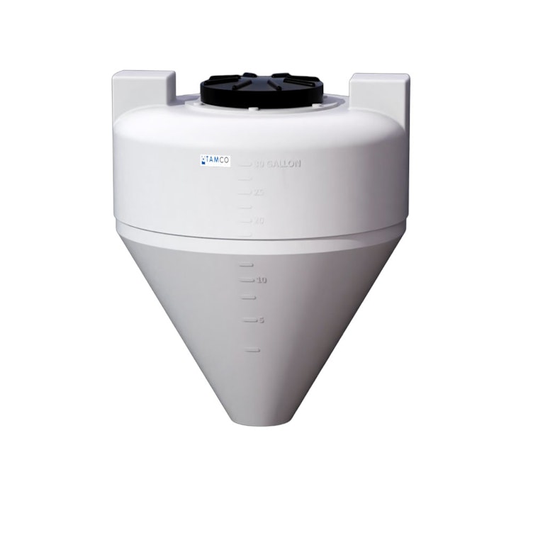 30 Gallon Tamco® Cone Bottom Tank with 608 Cone Angle & Mixer Mounts & 2" FPT Bulkhead Fitting - 26" Dia. x 31" Hgt. (Stand sold separately)
