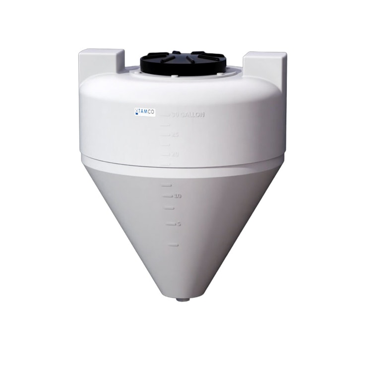 30 Gallon Tamco® Cone Bottom Tank with 608 Cone Angle & Mixer Mounts & 1-1/2" FPT Boss Fitting (Full Drain) - 26" Dia. x 31" Hgt. (Stand sold separately)