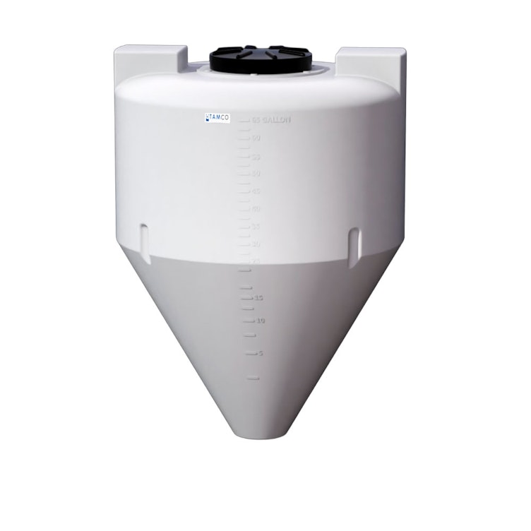 65 Gallon Tamco® Cone Bottom Tank with 60° Cone Angle & Mixer Mounts & 2" FPT Bulkhead Fitting - 30" Dia. x 41" Hgt. (Stand sold separately)