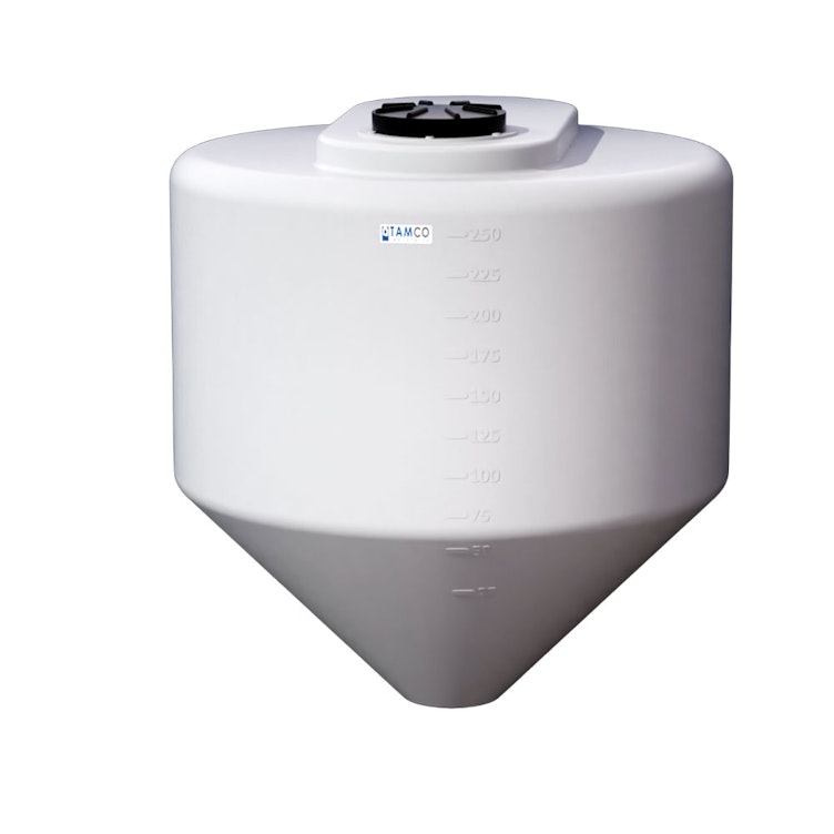 250 Gallon Tamco® Cone Bottom Tank with 45° Cone Angle & 2" FPT Boss Fitting (Full Drain) - 48" Dia. x 50-3/4" Hgt. (Stand sold separately)