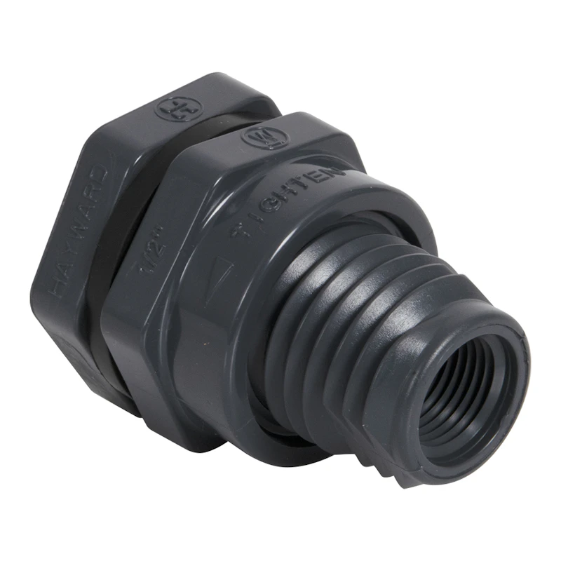1/2" Installed Thread x Thread Gray PVC Bulkhead Fitting w/FPM Gasket - 1.38" Hole Size