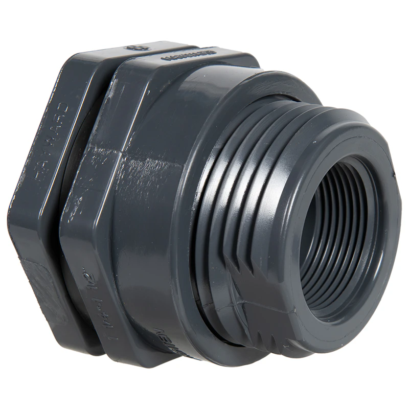 1-1/4" Loose Thread x Thread Gray PVC Bulkhead Fitting w/FPM Gasket - 2.63" Hole Size