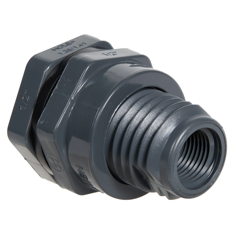 1/2" Installed Thread x Thread Gray PVC Bulkhead Fitting w/EPDM Gasket - 1.38" Hole Size