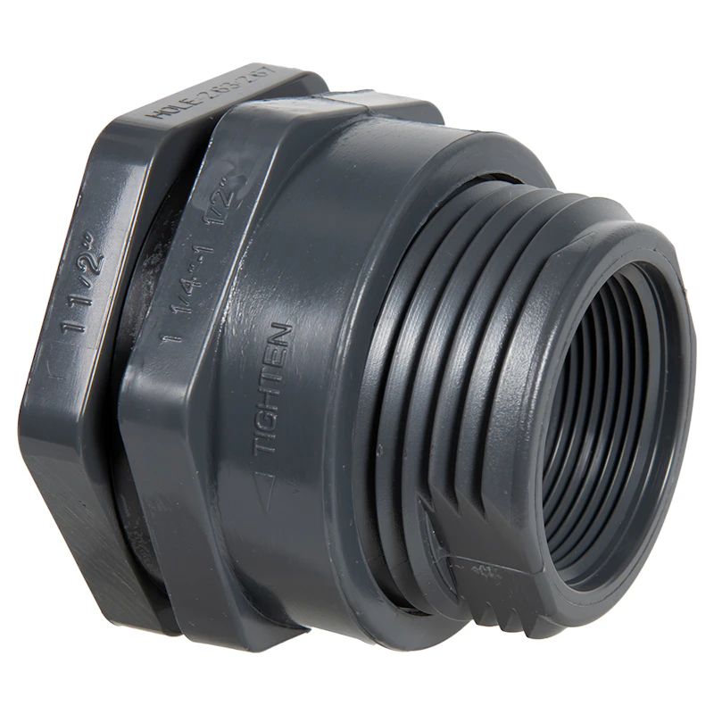 1-1/2" Installed Thread x Thread Gray PVC Bulkhead Fitting w/EPDM Gasket - 2.63" Hole Size