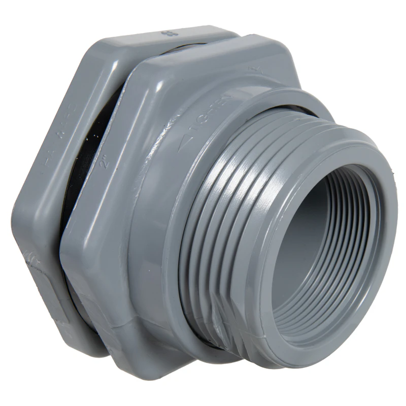 2" Installed Thread x Thread Gray PVC Bulkhead Fitting w/EPDM Gasket - 3.25" Hole Size