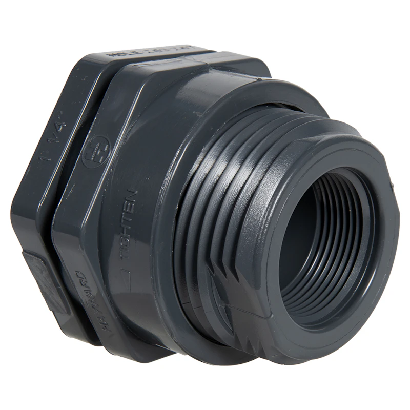 2" Installed Thread x Thread Gray PVC Bulkhead Fitting w/FPM Gasket - 3.25" Hole Size