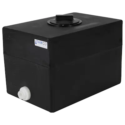 10 Gallon Black LLDPE Rectangular Utility Tamco® Tank with 8" Gasketed Lid & 3/4" FNPT Fitting & 2-Gallon Graduations - 18-1/2" L x 12-1/2" W x 14" Hgt.