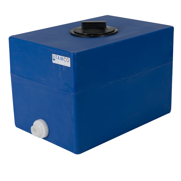10 Gallon Blue LLDPE Rectangular Utility Tamco® Tank with 8" Gasketed Lid & 3/4" FNPT Fitting & 2-Gallon Graduations - 18-1/2" L x 12-1/2" W x 14" Hgt.