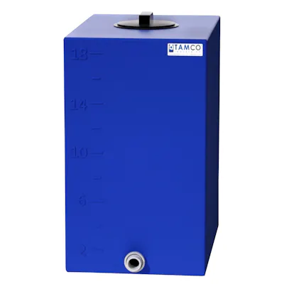 18 Gallon Blue LLDPE Rectangular Utility Tamco® Tank with 4" Lid & 3/4" FNPT Fitting & 2-Gallon Graduations - 18-1/2" L x 12-1/2" W x 22-1/2" Hgt.