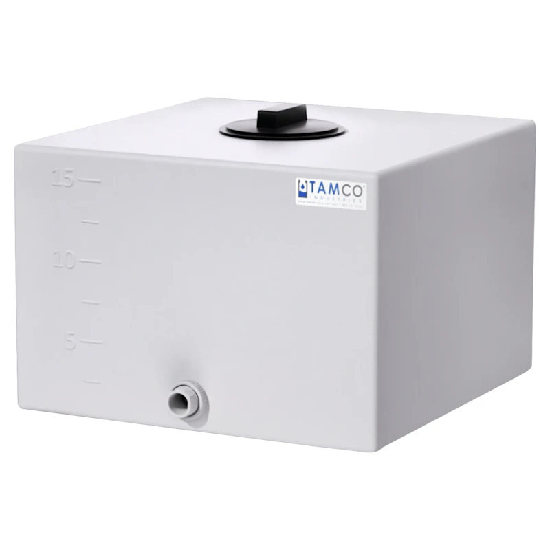 15 Gallon Natural LLDPE Square Utility Tamco® Tank with 4" Lid & 3/4" FNPT Fitting & 2-1/2-Gallon Graduations - 18-1/2" L x 18-1/2" W x 12-1/2" Hgt.