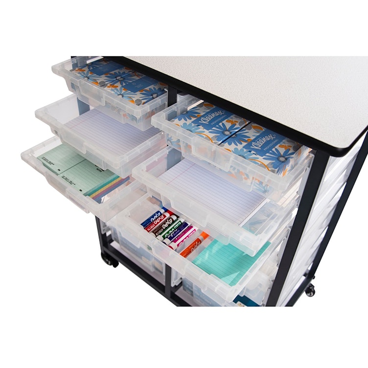 Clear Double Row Luxor Mobile Bin Storage Unit with 16 Small Bins