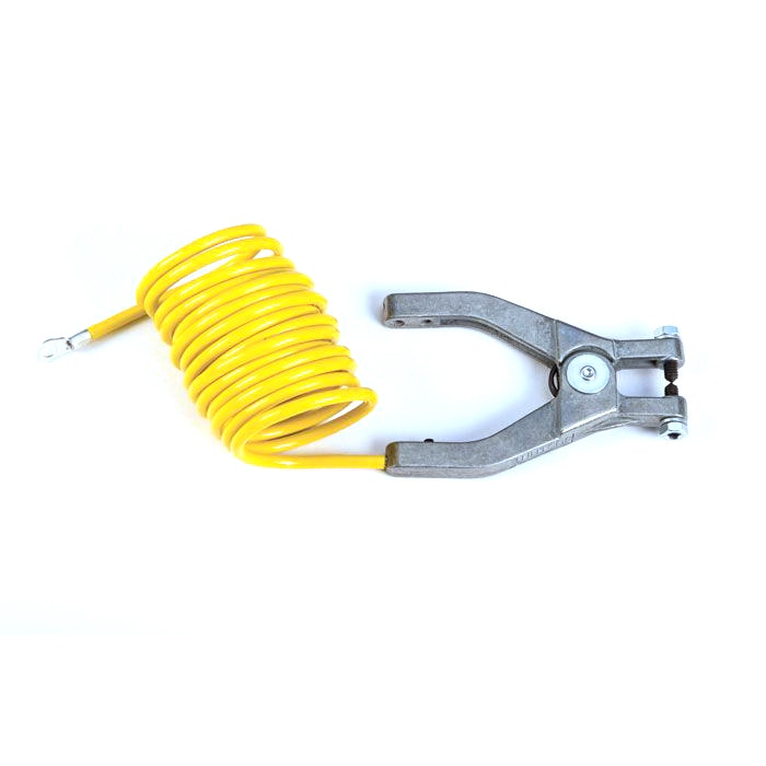 10' Coiled Yellow Insulated Antistatic Grounding Wire with Hand Clamp & 1/4" Terminal