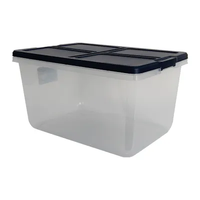 66 Quart Home Logic Translucent Storage Bin with Dark Blue Lid - 23.98" L x 16.81" W x 13.05" Hgt.