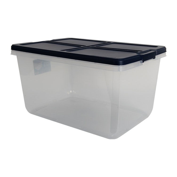 66 Quart Home Logic Translucent Storage Bin with Dark Blue Lid