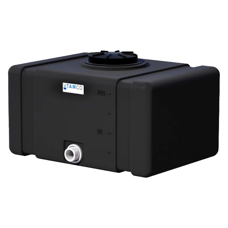 100 Gallon Black Tamco® Bulk Utility Tank with 12-1/2" Lid & 2" FNPT Bulkhead Fitting - 42-1/2" L x 30-1/2" W x 26-1/4" Hgt.