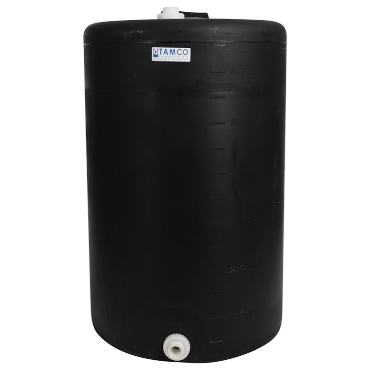 225 Gallon Tamco® Black Water Storage Tank with 8" Lid & (2) 1" Fittings - 39-7/8" Dia. x 47" Hgt.