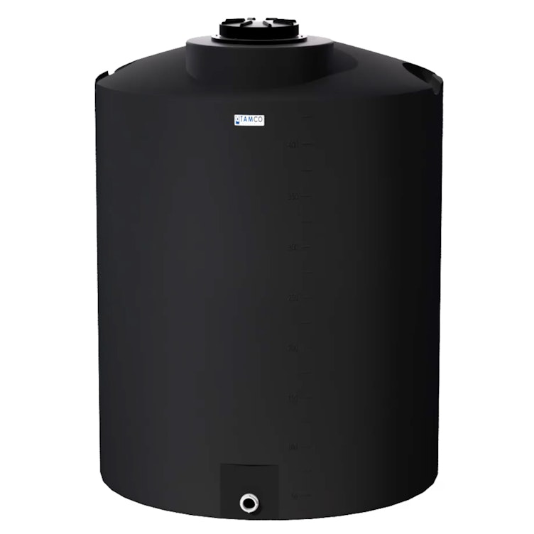 425 Gallon Tamco® Vertical Black PE Tank with 12-1/2" Plain Lid & 2" Fitting - 48" Dia. x 68" Hgt.