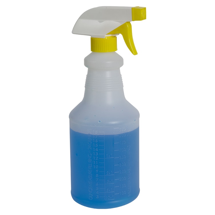 24 oz. Natural HDPE Spray Bottle with 28/400 Color-Coded Food-Grade Yellow & White Polypropylene Sprayer