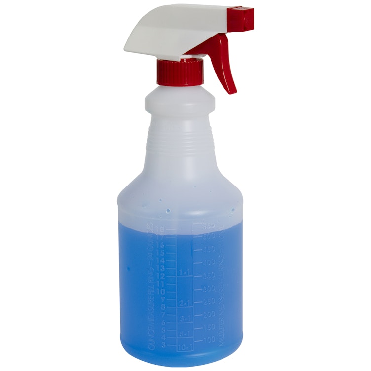 24 oz. Natural HDPE Spray Bottle with 28/400 Color-Coded Food-Grade Red & White Polypropylene Sprayer