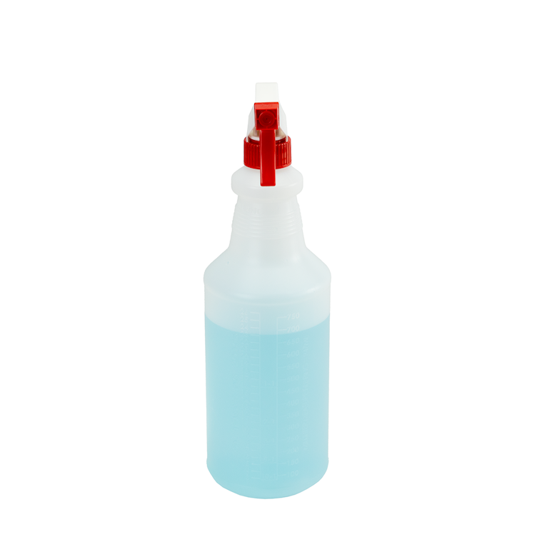 32 oz. Natural HDPE Spray Bottle with 28/400 Color-Coded Food-Grade Red & White Polypropylene Sprayer