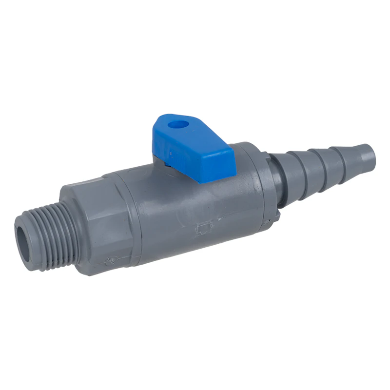 3/8" to 5/8" Tapered Barb x 3/8" MNPT Gray PVC Series 638 Straight Two-Way Ball Valve with Buna-N Seal