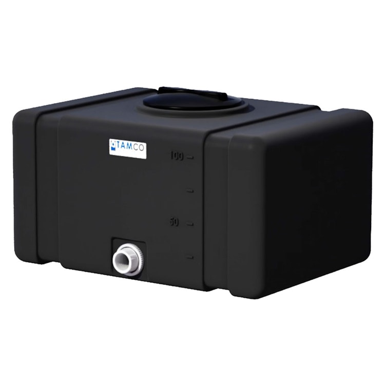 100 Gallon Black Tamco® Bulk Utility Tank with 12" Gasketed Lid & 2" FNPT Bulkhead Fitting - 42-1/2" L x 30-1/2" W x 26-1/4" Hgt.