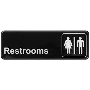 "Restrooms" Black & White Self-Adhesive Sign with Symbol - 9" L x 3" Hgt.