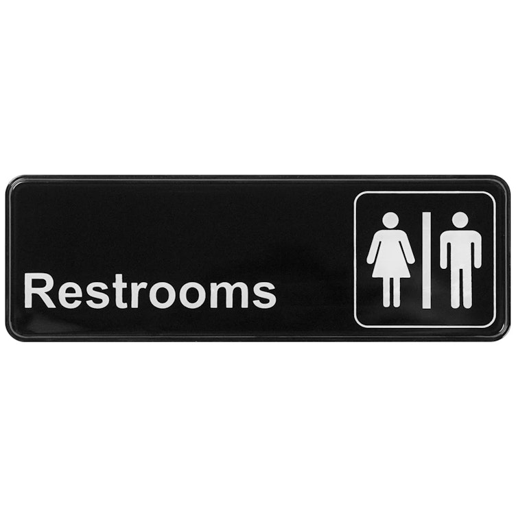 "Restrooms" Black & White Self-Adhesive Sign with Symbol - 9" L x 3" Hgt.