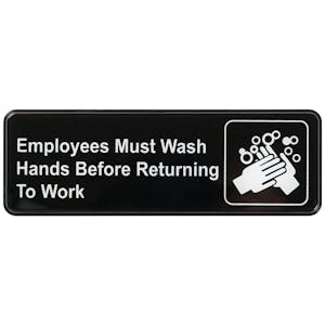 "Employees Must Wash Hands Before Returning to Work" Black & White Self-Adhesive Sign with Symbol - 9" L x 3" Hgt.