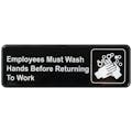 "Employees Must Wash Hands Before Returning to Work" Black & White Self-Adhesive Sign with Symbol - 9" L x 3" Hgt.