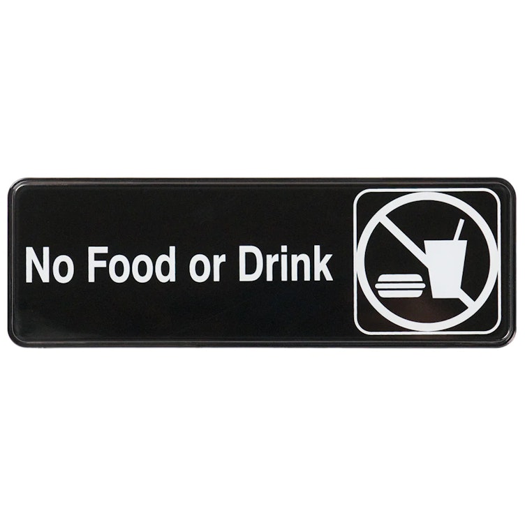 "No Food or Drink" Black & White Self-Adhesive Sign with Symbol - 9" L x 3" Hgt.