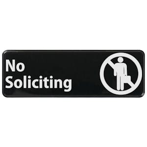 "No Soliciting" Black & White Self-Adhesive Sign with Symbol - 9" L x 3" Hgt.