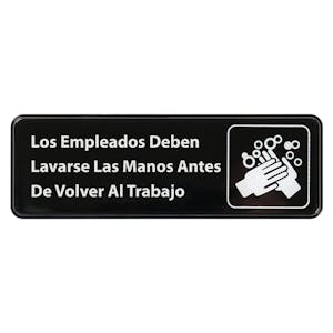 "Los Empleados Deben Lavarse Las Manos Antes de Volver al Trabajo" Black & White Self-Adhesive Sign with Symbol - 9" L x 3" Hgt.