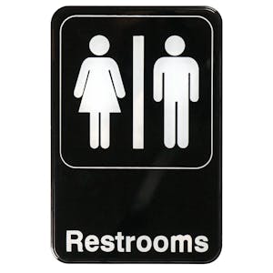 "Restrooms" Black & White Self-Adhesive Sign with Symbol - 6" L x 9" Hgt.