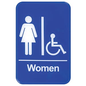 "Women" Blue & White Self-Adhesive Sign with Handicap Accessible Symbol - 6" L x 9" Hgt.