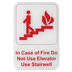 "In Case of Fire Do Not Use Elevator - Use Stairwell" White & Red Self-Adhesive Sign with Symbol - 6" L x 9" Hgt.