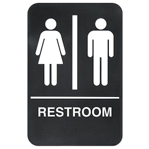 "Restrooms" Black & White Self-Adhesive Sign with Symbol & Braille - 6" L x 9" Hgt.