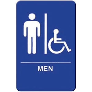 "Men" Blue & White Self-Adhesive Sign with Handicap Accessible Symbol & Braille - 6" L x 9" Hgt.