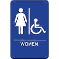 "Women" Blue & White Self-Adhesive Sign with Handicap Accessible Symbol & Braille - 6" L x 9" Hgt.