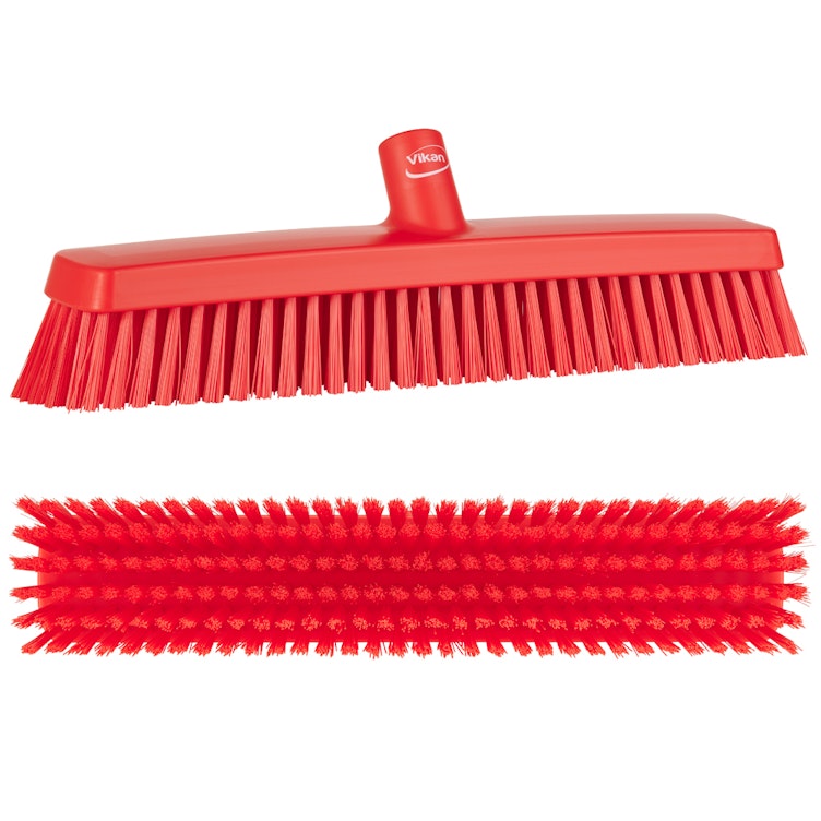 16.5" Red Vikan® Heavy-Duty Push Broom Head with Soft & Stiff Bristles (Handle Sold Separately)